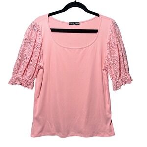 Kim & Cami Pink Ribbed Lace Sleeve Puff Sleeve Scoop Neck Top Women's Large
